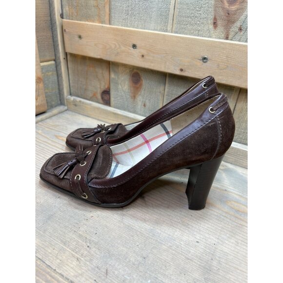 Coach Leatherware Brown Suede & Leather Tassel Heels Size 8.5 - Picture 5 of 9